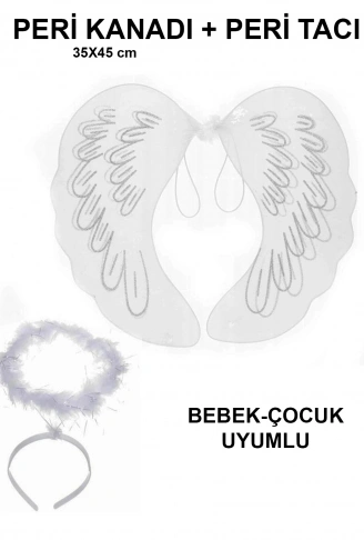 Beyaz Otrişli Dantel Tüllü Peri Kanadı ve Peri Tacı Seti 45x40 cm (4940)