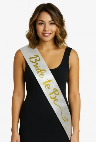 Beyaz Saten Üzerine El Yazısı İtalik Altın Bride To Be Kuşağı 10 cm Genişlik (4940)