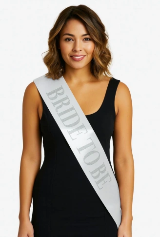 Beyaz Saten Üzerine Kalın Gümüş Yazılı Bride To Be Kuşağı 10 cm Genişlik (4940)