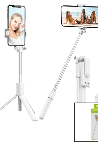 BEYAZ  SELFİ ÇUBUK - TRİPOD AYAKLI  57CM UZAYAN-KISALAN SAPLI + 10CM =67CM (4940)