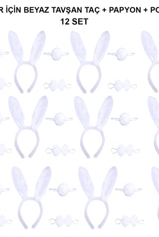 Beyaz Tavşan Kostüm Seti – Taç, Papyon, Kuyruk (12’li Paket) (4940)