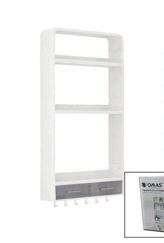 BEYAZ YAPIŞKANLI DUVAR ORGANİZERİ PLASTİK 3 RAF=14CM-19CM-30CM - 2 ÇEKMECE=40CM - 6 ASKI 19 PARÇA (4940)