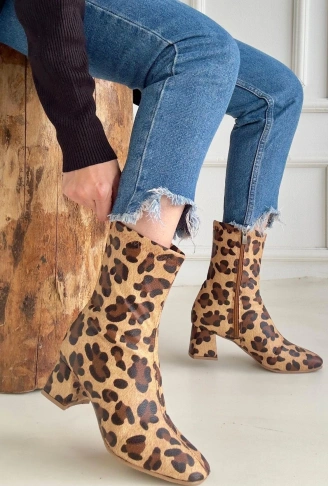 Birta Leopar Cilt Streç Topuklu Bot
