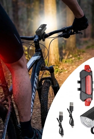Bisiklet Işık Seti – USB Şarjlı LED Ön Far + Arka Stop Lambası, Su Geçirmez Bisiklet Aydınlatma Seti (4940)