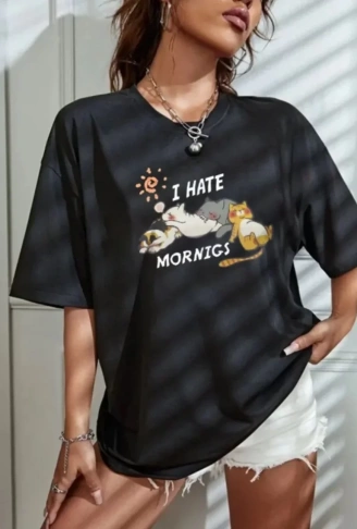 Bisiklet Yaka Baskılı Oversize T-Shirt - Siyah