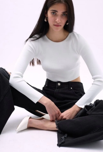 Bisiklet Yaka Dokulu Crop