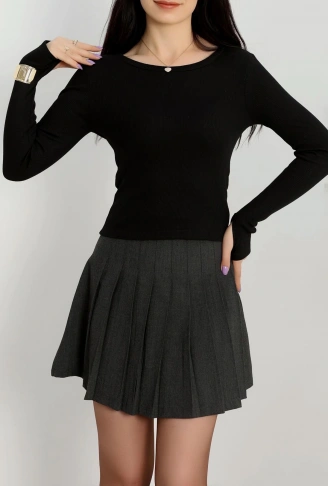 Bisiklet Yaka Parmak Geçmeli Kaşkorse bluz siyah a3829