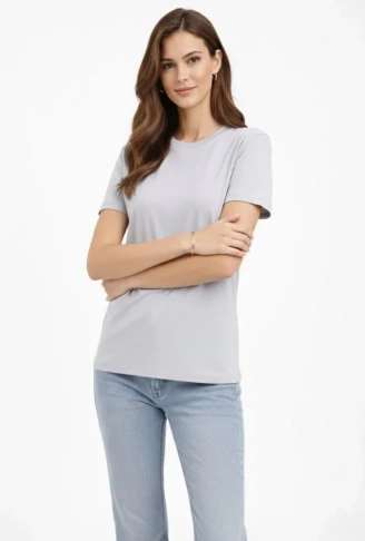 Bisiklet Yaka Tişört  Regular Kalıp Basic Pamuklu  Günlük Kullanım  T-shirt - Gri