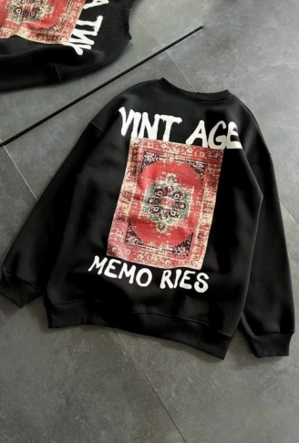 Bisiklet Yaka Üç İplik Baskılı Oversize SweatShirt - Siyah