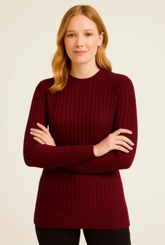 Bisiklet Yuvarlak Yaka Triko Kazak Pamuklu Kalın Fitilli Dokuma, Regular Fit Uzun Kollu Kışlık Model - Bordo