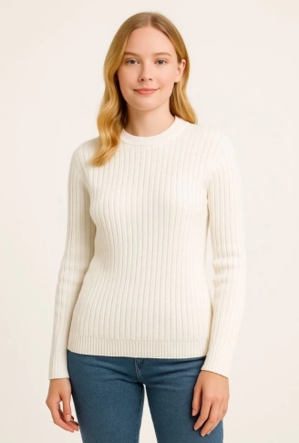 Bisiklet Yuvarlak Yaka Triko Kazak Pamuklu Kalın Fitilli Dokuma, Regular Fit Uzun Kollu Kışlık Model - Beyaz