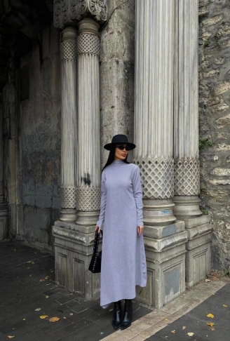 Boğazlı kalın bürümcük uzun elbise gri