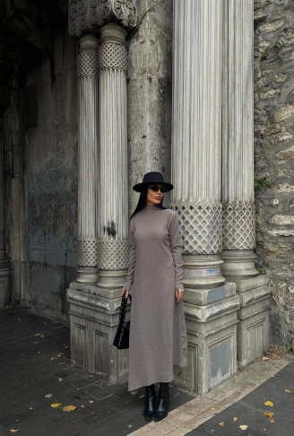 Boğazlı kalın bürümcük uzun elbise vizon