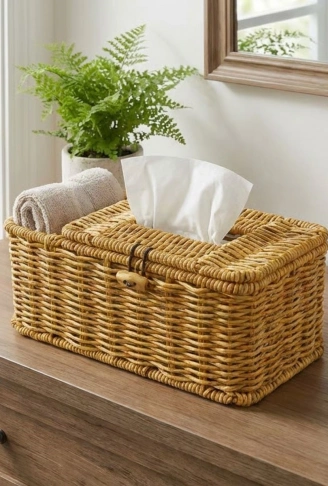 Bölmeli Kapaklı Doğal Rattan Görünümlü Hasır Makyaj, Takı ve Havlu Düzenleyici – Peçetelikli Çok Amaçlı Masaüstü Organizer Sepet (4940)