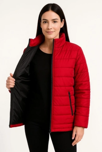 Bomber Mont Ceket – Su İtici Kumaş, Kapitone Astarlı, Fermuarlı, Kışlık - Kırmızı