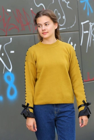 Boncuklu bile detaylı kazak hardal