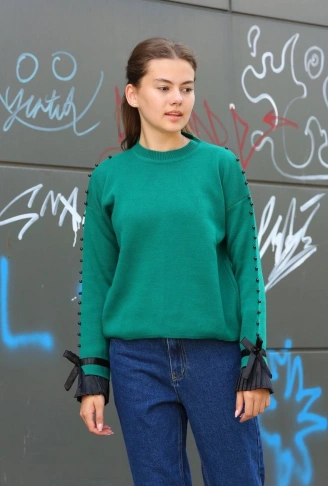 Boncuklu bile detaylı kazak petrol yeşili