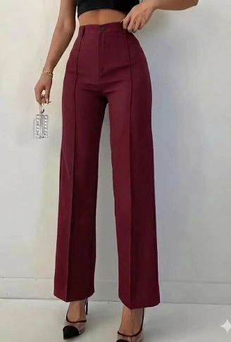 Bordo Renk Yüksek Bel Maskülen Kesim Kumaş Pantolon