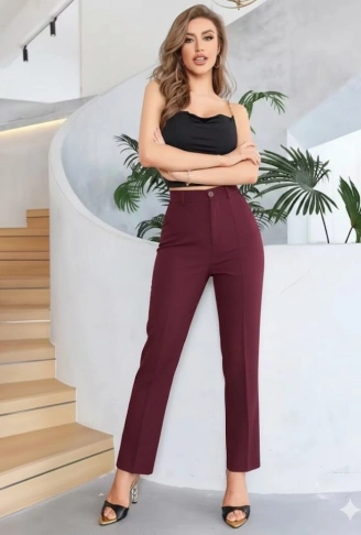 Bordo Renk Yüksek Bel Maskülen Kesim Kumaş Pantolon