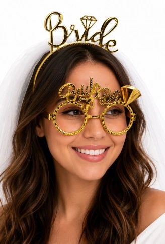 Bride Yazılı Gold Taç ve Parti Gözlüğü Seti (4940)