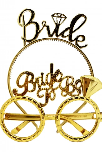 Bride Yazılı Taç ve Bride To Be Yazılı Gözlük Seti Altın Renk (4940)
