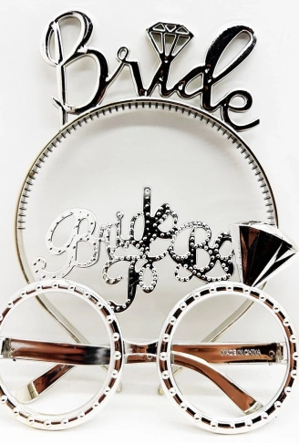 Bride Yazılı Taç ve Bride To Be Yazılı Gözlük Seti Gümüş Renk (4940)