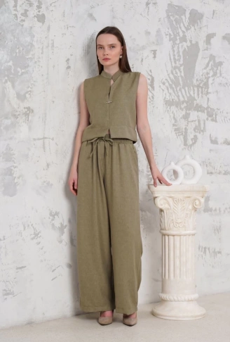 Broşlu yelek pantolon takım haki s255821