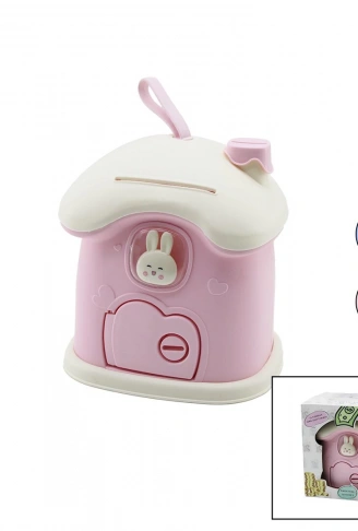 BÜYÜK=18X16X18CM EV MODELİ KİLİTLİ RENKLİ PLASTİK ÇOCUK KUMBARA TAVŞAN FİGÜRLÜ (4940)