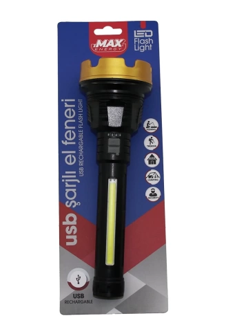 BÜYÜK=24CM 2İN1= OSL LED - COB LED USB ŞARJLI EL FENERİ 3-KADEME IŞIK - FLAŞÖR ŞARJ GÖSTERGE (4940)