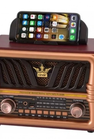 Büyük Boy Telefon Tutma Saplı Retro Ahşap Tasarım Bluetooth Hoparlörlü Radyo – FM/AM Destekli, Şarjlı ve Taşınabilir Radyo NS-8077 (4940)