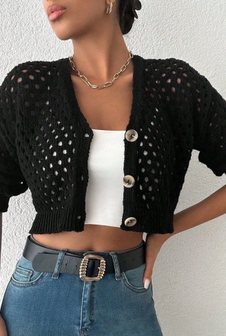 Büyük düğmeli delikli hırka siyah