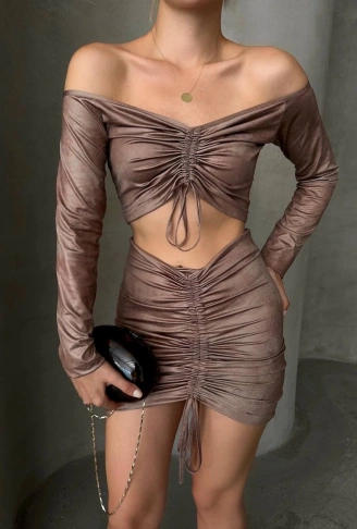 Büzgülü etek bluz takım kahve s24709