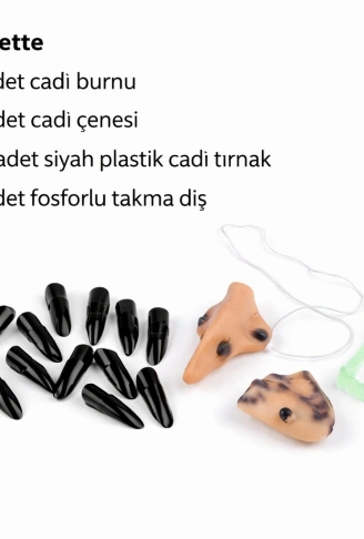 Cadı Aksesuar Seti – Burun, Çene, Fosforlu Diş ve 10 Adet Siyah Tırnak (4940)