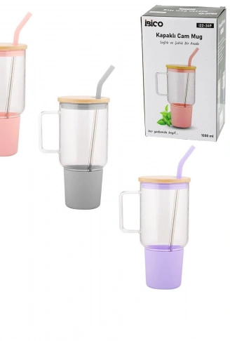 CAM 1000ML MATARA - SULUK BAMBU KAPAK - SIZDIRMAZ SİLİKONLU ÇELİK PİPET KORUYUCU SİLİKON ALTLIK - KILIF (4940)