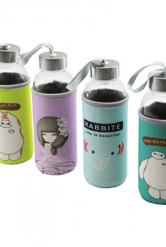 CAM ŞİŞE  MATARA SULUK  RESİMLİ BEZ KILIFLI - TAŞIMA İPLİ   420ML   KROM KAPLAMA PLS.KAPAK (4940)