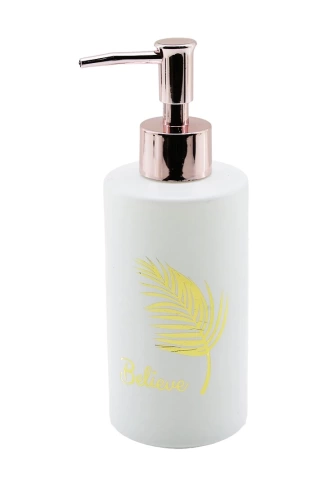 CAM  YUVARLAK - BEYAZ ŞİŞE--GOLD YAPRAK DESEN SIVI SABUNLUK 350ML BRONZ PLASTİK POMPA (4940)
