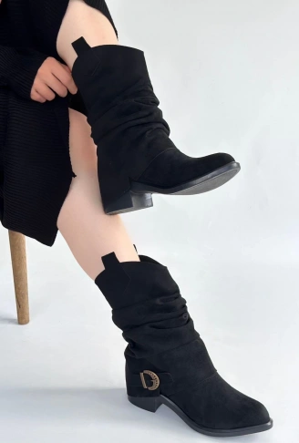 Canty Siyah Süet Körüklü Topuklu Çizme