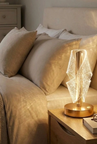 Çapraz Kavisli Ters Kristal Simli LED Masa Lambası – Gold Gövdeli, Dokunmatik, 3 Kademe Işık Ayarlı Şarjlı Dekoratif Lamba (4940)