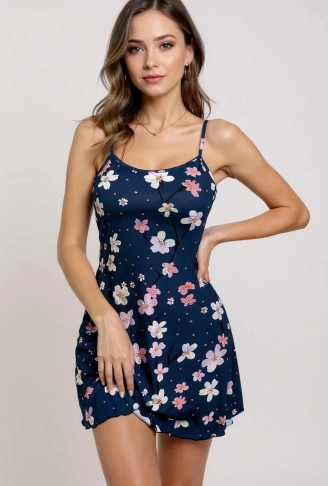 Çiçek Desenli Mavi Askılı Gecelik