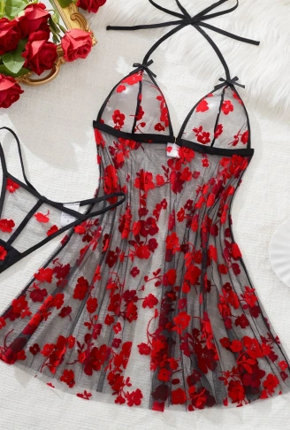 Çiçek Desenli Siyah Transparan Gecelik TM1319