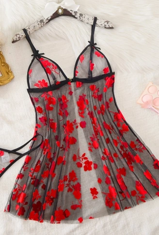 Çiçek Desenli Siyah Transparan Gecelik TM1319