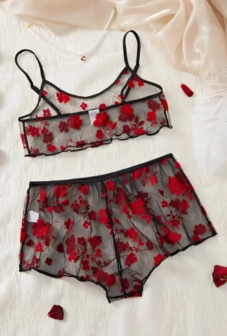 Çiçek Desenli Siyah Transparan Şortlu Gecelik TM1377