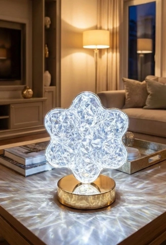 Çiçek Model Kristal LED Masa Lambası – Dokunmatik, 3 Renk Işık Modlu, Şarjlı Mini Dekoratif Gece Lambası (4940)