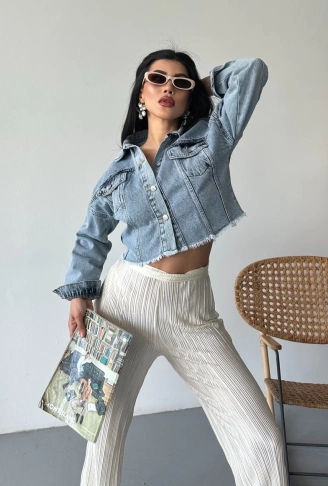 Çift kapaklı püsküllü crop buz mavi d2002