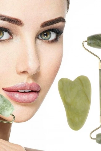 Çift Taraflı 2li Cilt Yüz Masaj Aleti Jade Roller Yeşim Taşı Seti (4940)