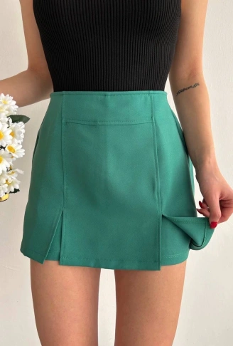 Çift yırtmaçlı atlas şort etek yeşil s240364