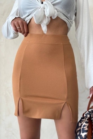 Çift yırtmaçlı etek camel s25910