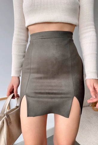 Çift yurtmaçlı süet etek haki s241002