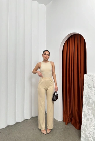 Cırtlı pantolon krep bej pt