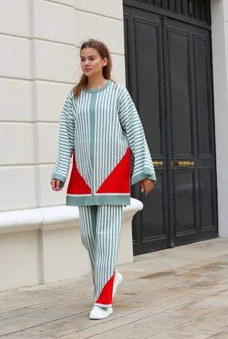 Çizgili bisiklet yaka triko takım Mint